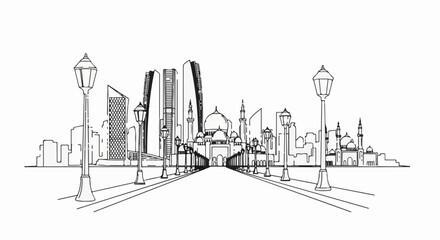 Obraz premium Artistic line drawing of a city skyline with a mosque and modern skyscrapers