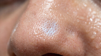 Fototapeta premium Close up oily nose skin pore hydration inside pores natural texture healthy shine human face detail macro photography skincare concept realistic surface moisture facial care clear complexion