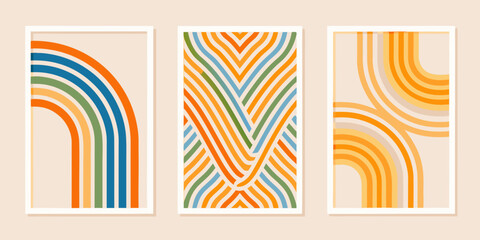 Obraz premium Abstract geometric art prints featuring colorful curved lines in a minimalist style
