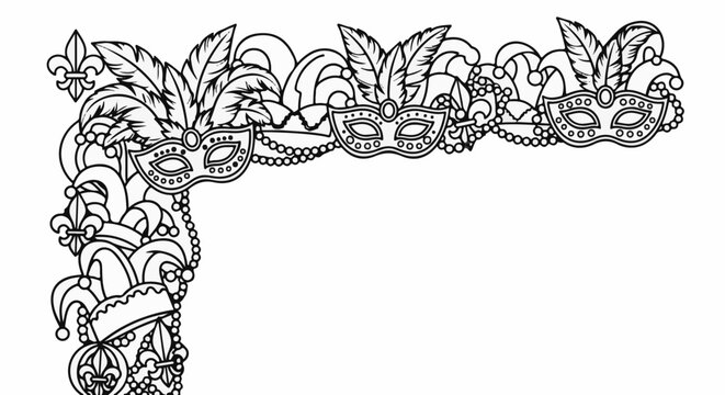 Ornate mask and feather border with jester hats and beads