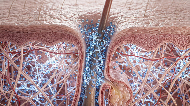 Hydration skin pore moisture water dermis epidermis healthy closeup anatomy medical illustration