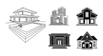 Fototapeta premium Architectural sketches of modern houses with geometric designs and flat roofs