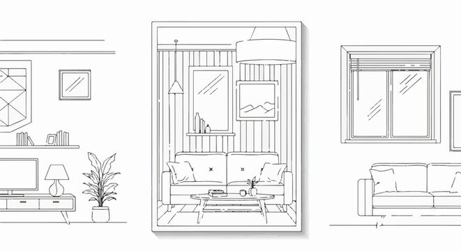 Line art sketches of modern living room interiors with furniture and decor