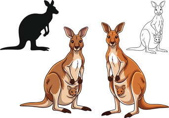 Kangaroo Vector Collection Featuring Adult and Baby Kangaroos in Various Poses for Wildlife, Nature, and Animal Designs © Sanjida
