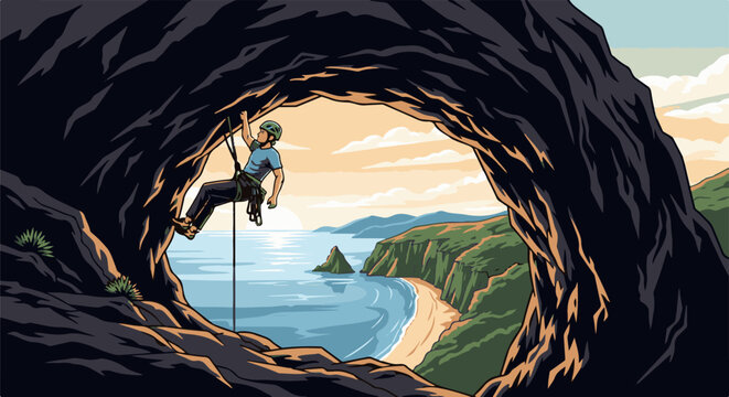Pixel art of a person rappelling into a cave overlooking a coastal beach scene