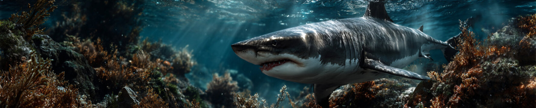 cinematic prehistoric ocean with giant shark in deep bioluminescent abyss, ancient underwater world of leviathan predator in glowing blue sea, surreal jurassic ocean depth with megalodon 