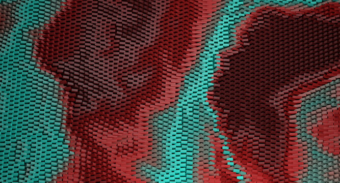 Undulating 3D Pixel Pattern in Contrasting Dark Maroon and Mint Green Colors
