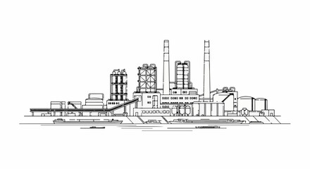 Naklejka premium Detailed line drawing of a large industrial complex with chimneys and silos by a waterway