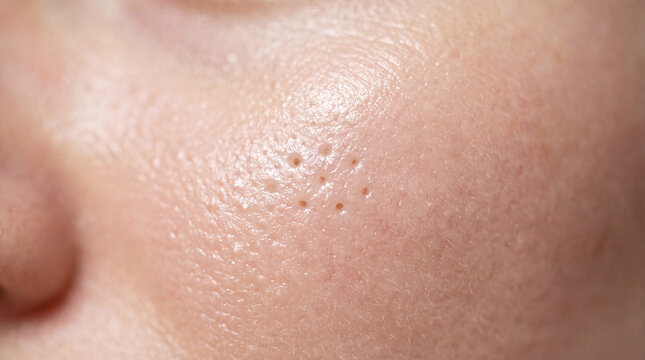 Large skin pores, oily texture, and natural shine on human cheek, showing detailed facial skin surface and healthy complexion in close up macro view
