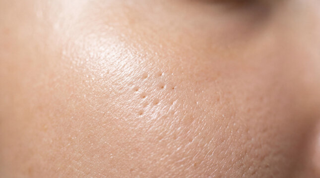 Close up macro skin pore texture, healthy human face skin with visible pores, smooth surface, natural complexion, detailed epidermis, soft lighting, skincare concept