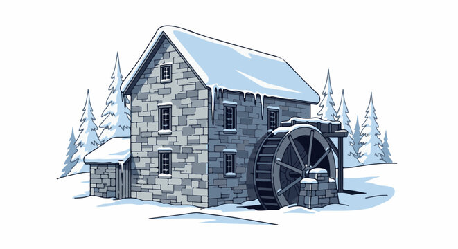 Stone mill with water wheel surrounded by snowy trees and landscape