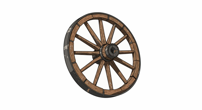 An old wooden cartwheel with a metal rim and central hub