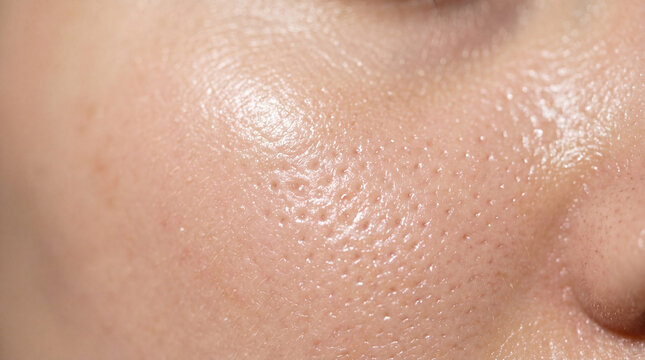 Close up skin pore facial texture oily surface natural complexion healthy epidermis macro detail human face smooth tone beauty care realistic soft lighting