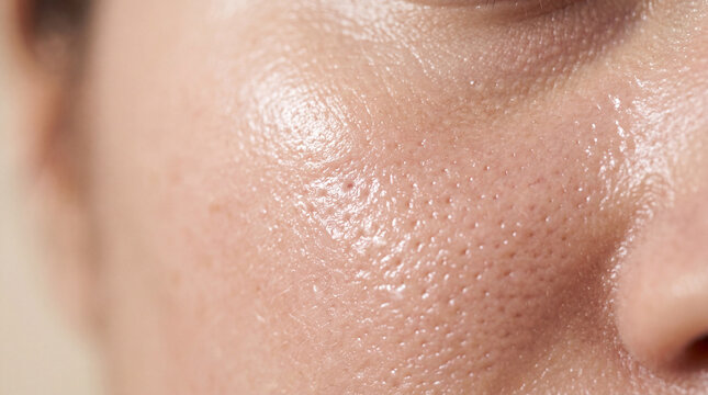 Oily skin texture with visible pores, close up of human face showing natural skin detail, healthy complexion, and realistic surface under natural light