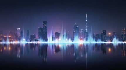 Fototapeta premium Cityscape at night with illuminated skyscrapers reflected in water