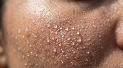 Fototapeta premium Oily skin texture with visible pores and water droplets, showing natural moisture and shine on human face in close up view