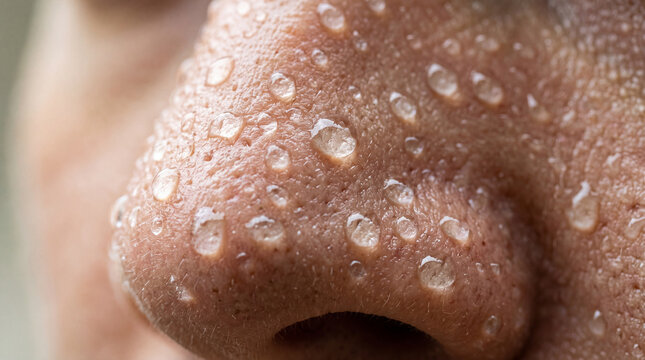Close up of human nose with visible pores and water droplets on skin, showing texture, moisture, and natural detail, highlighting freshness and hydration