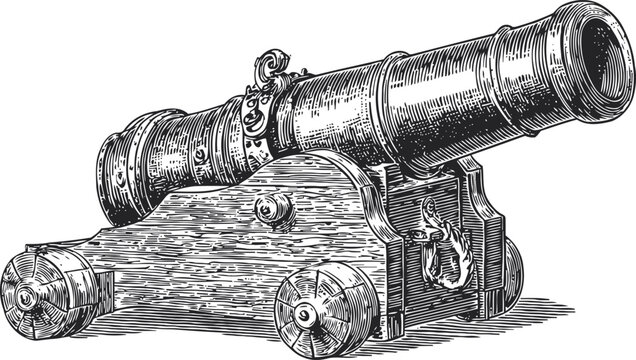 Antique cannon on wooden carriage detailed vintage engraving, historical weapon artillery design