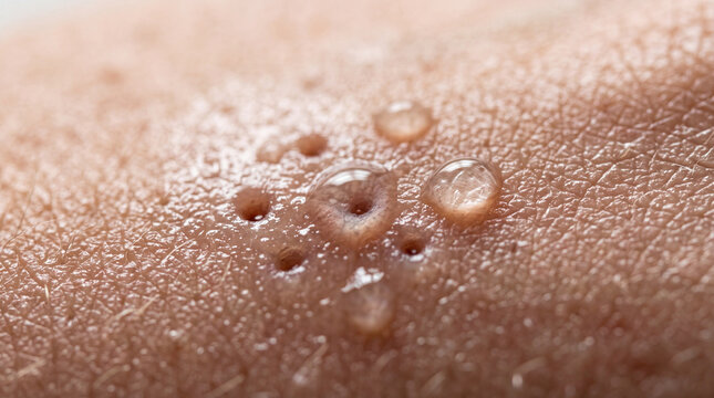 Water droplets on human skin with visible pores, close up macro shot showing skin texture and hydration, healthy and natural appearance