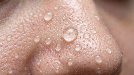 Fototapeta premium Close up skin water droplet pore texture oily nose human face macro detail moisture natural complexion healthy freshness hydration realistic