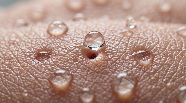 Water droplets on human skin with visible pores, close up macro shot showing texture and moisture, highlighting hydration and freshness