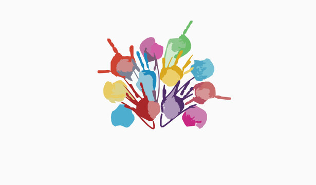 Colorful handprint diversity tree with fingerprint texture leaves vector illustration isolated on white background