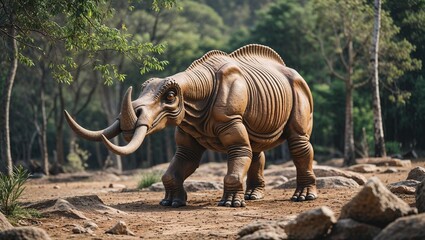 Fototapeta premium Prehistoric fantasy monster rhinoceros creature standing in wild forest full length