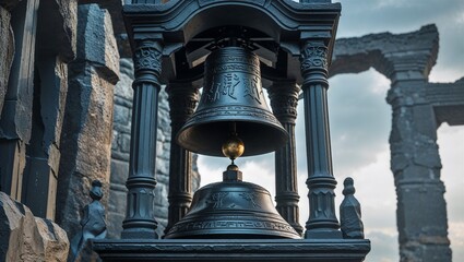 Obraz premium Ancient ornate bronze bell hanging in a dark stone tower ruin against cloudy evening sky