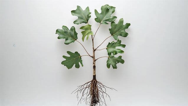 Young green plant sapling with visible root system isolated on solid white background