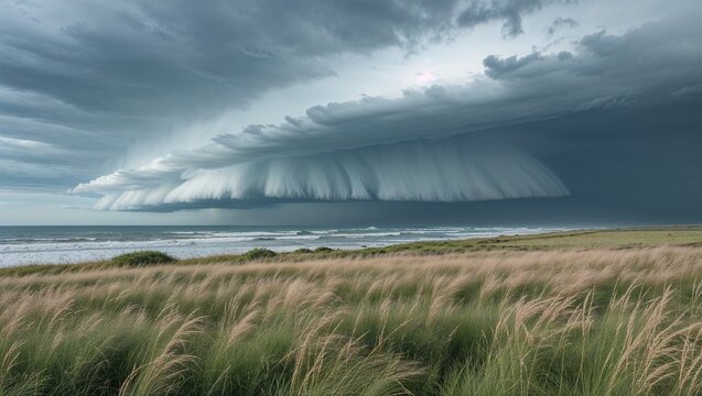 Massive shelf cloud of a severe thunderstorm over the ocean and a grassy coastal field