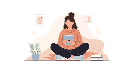 Fototapeta premium Woman in Comfy Sweater Reading E-book on Tablet, Minimal Workspace, Gentle Inviting Colors