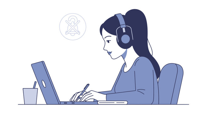 Woman Engaged in Deep Work with Noise-Canceling Headphones, Muted Cool Tones