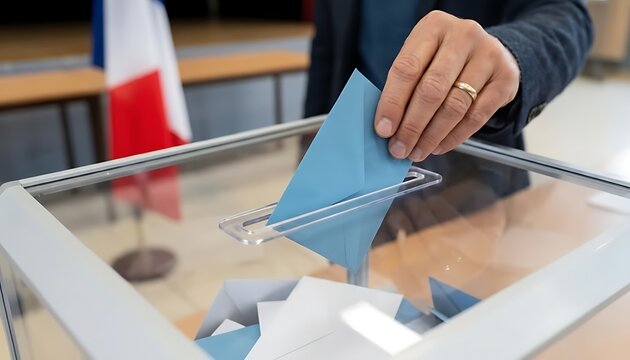 Man hand casting vote inserting ballot into transparent box during election.