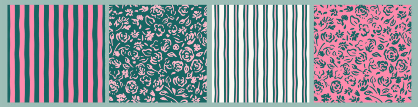 Seamless pattern with hand drawn cute flowers. Long green, pink, white stripes.  Naive, simple art design. Endless spring, summer botanical vector illustration. Cottagecore, country vintage style. 