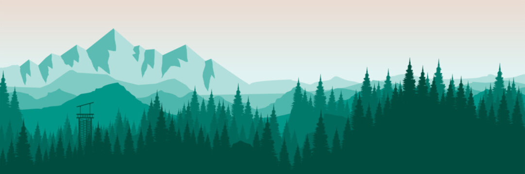 Flat design green pine forest landscape banner