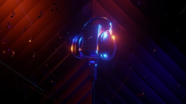 4K seamless VJ loop with glowing microphone and floating music notes for karaoke bars, VJ sets, high-tech club visuals, electronic music festivals, stage screens and for LED video walls