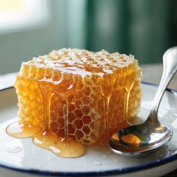 Golden honeycomb cube with a spoon resting on a plate of honey
