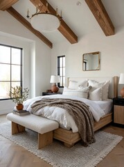 Fototapeta premium Bright Airy Transitional Luxury Master Bedroom with Oak Wood Details, Textured Decor, and Soft Natural Light Streaming Through Large Black Framed Windows