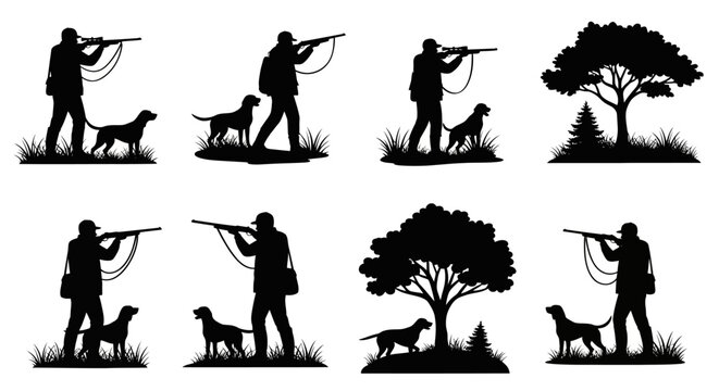 Hunter Silhouette with Dog and Trees Outdoor Scene