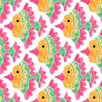 Seamless cute animal pattern. Hand drawn with colored pencils. Bright birds in playful style. Perfect for kids fabric and decor.