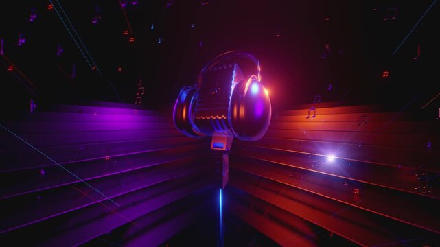 4K seamless VJ loop with glowing microphone and floating music notes for karaoke bars, VJ sets, high-tech club visuals, electronic music festivals, stage screens and for LED video walls