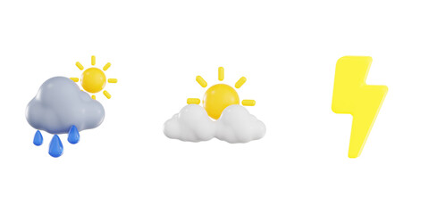 Obraz premium 3D render of weather forecast icons featuring sun showers, partly cloudy sky, and lightning bolt