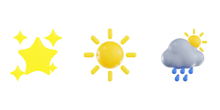3D render of weather forecast icons featuring shiny stars, bright sun, and sun shower cloud