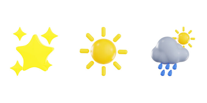3D render of weather forecast icons featuring shiny stars, bright sun, and sun shower cloud