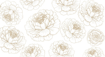 Obraz premium Elegant floral background featuring hand drawn gold line art peony flowers in vintage sketch style isolated on white background for wedding invitation design