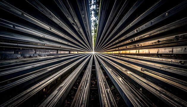 Converging parallel bars under bright sky, perspective view from ground, metallic texture, depth of field