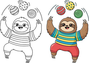 Fototapeta premium Sloth cute cartoon animal juggling balls isolated in clean bold outline vector illustration style