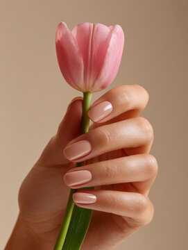 Soft pink tulip held by hand with glossy nude manicure on beige background