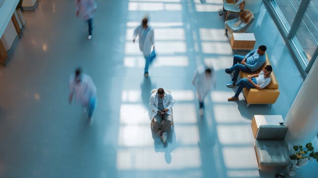 Busy Hospital Corridor with Blurred Motion Doctors with Patients  Waiting Area.