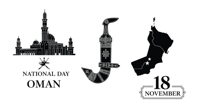 Oman s national day composition with mosque khanjar and map elements